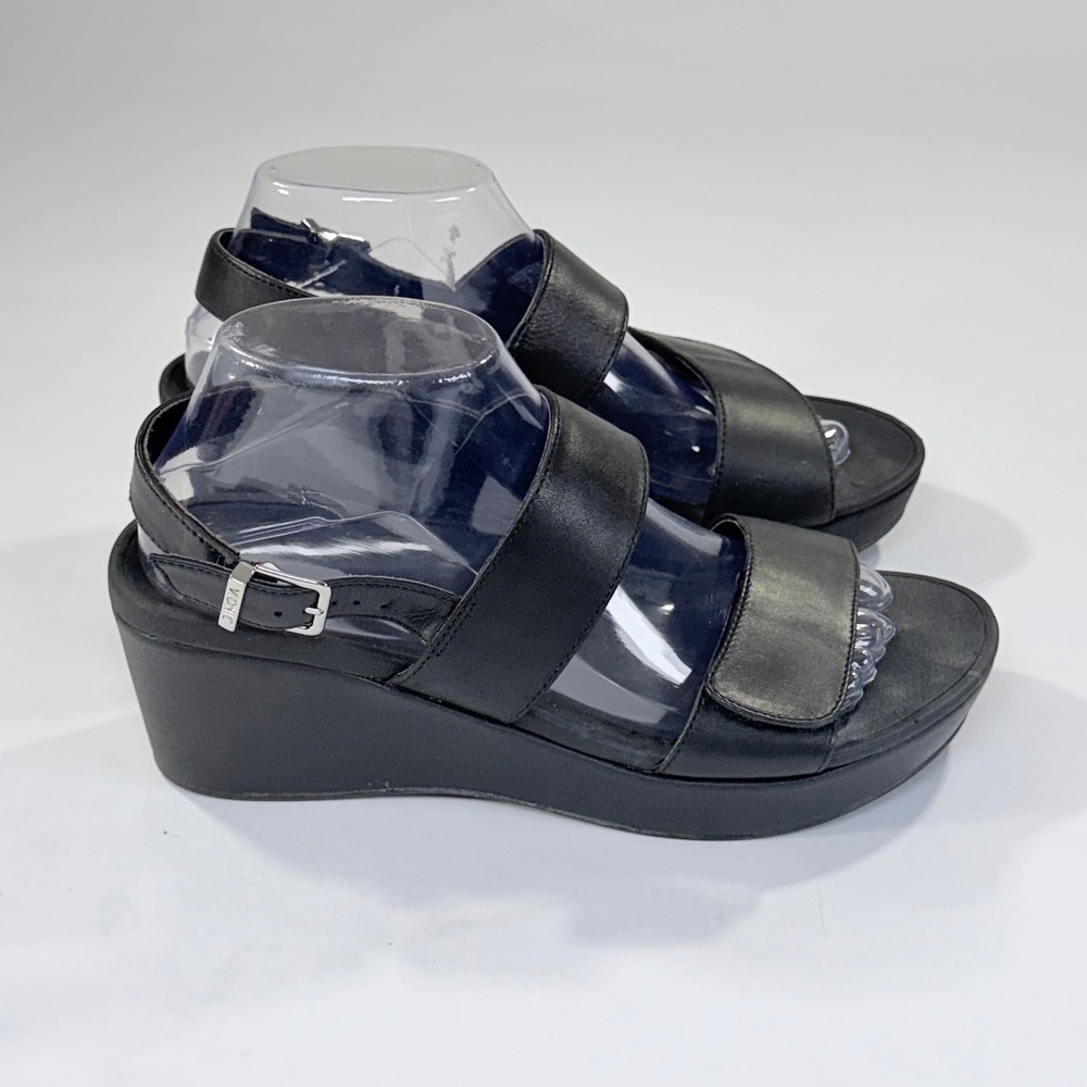 Vionic Lovell Sandals Womens 8 Black Leather Platform Wedge Comfort Strappy